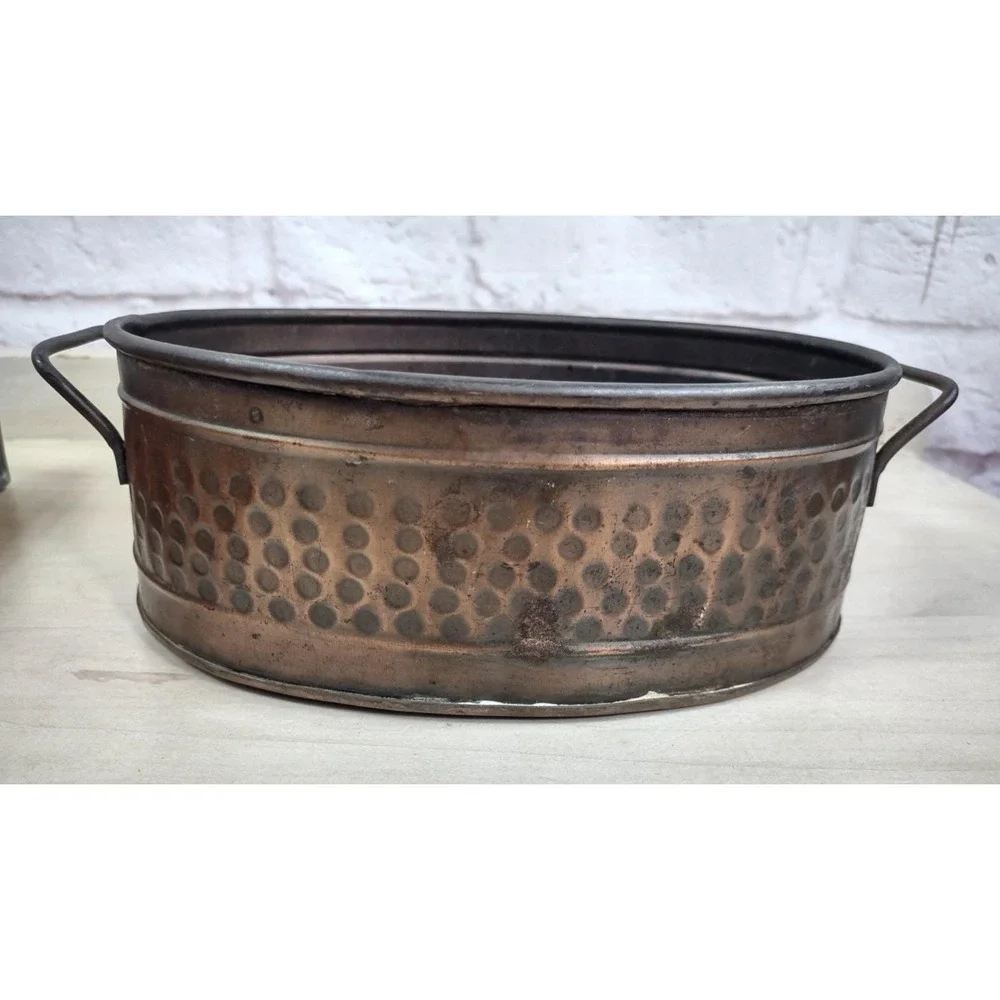 Vintage Oval Planter Pot Distressed Hammered Copper Color Metal Rustic Retro